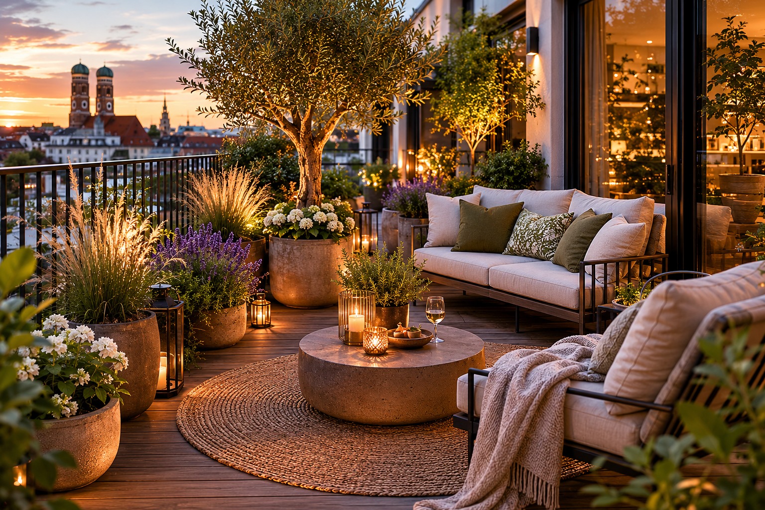 Bepflanzter Balkon mit indirekter Beleuchtung bei Abendstimmung