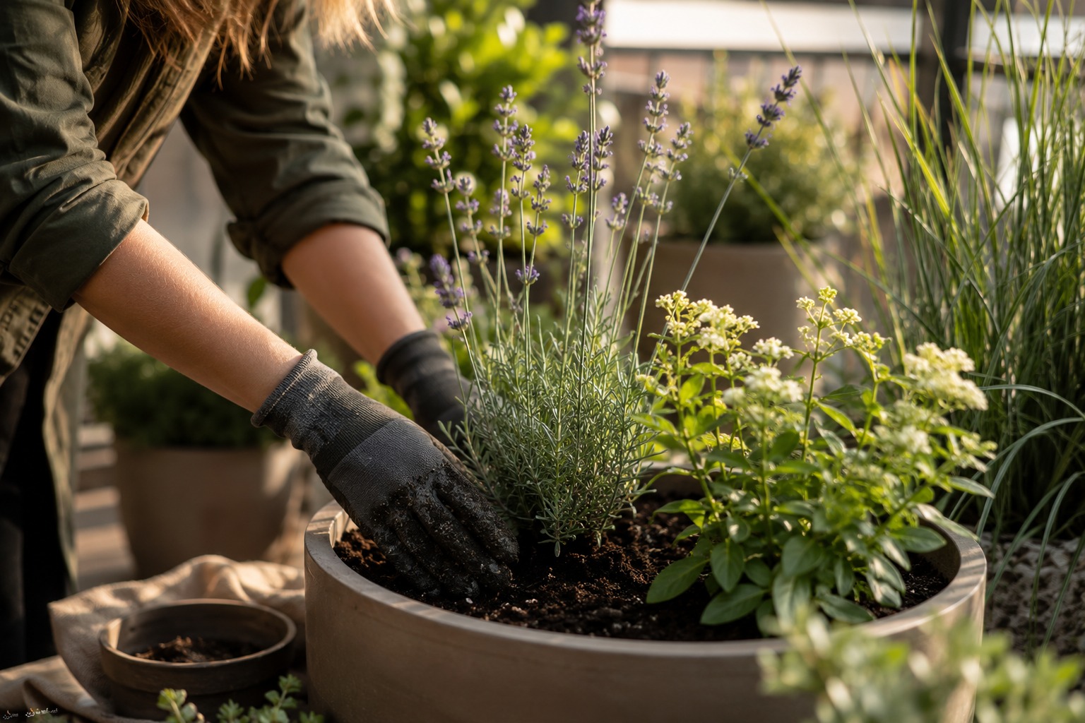 Fachgerechte Bepflanzung eines Pflanzgefäßes mit Lavendel und Gräsern
