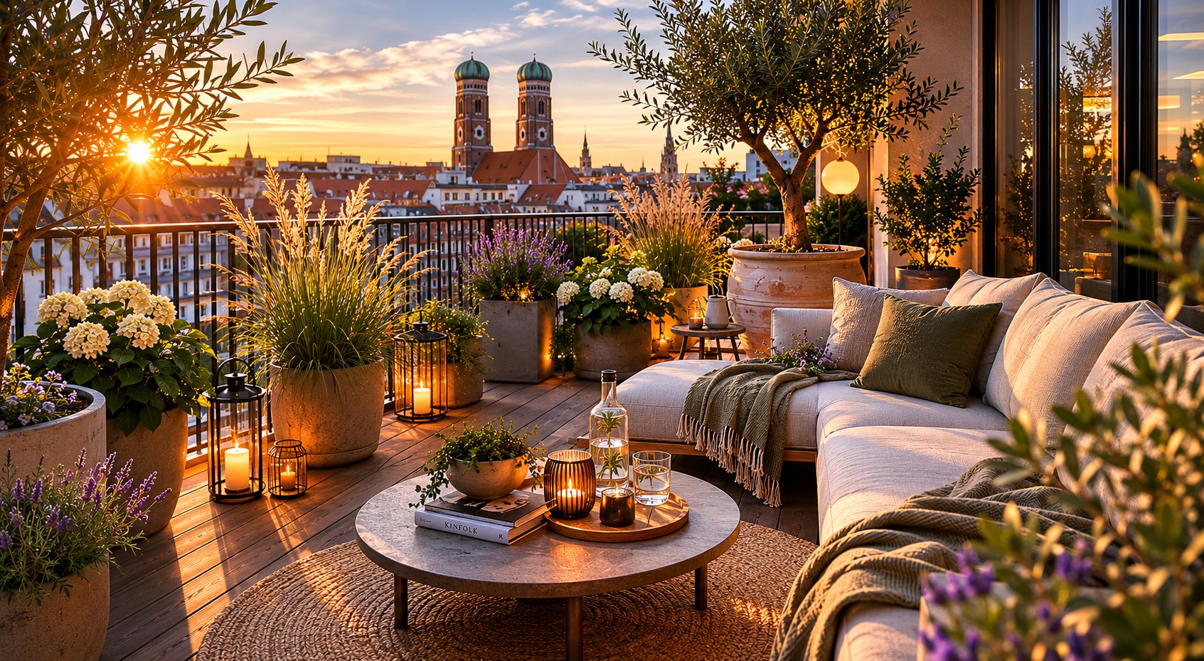 Premium-Penthouse-Balkon in München bei Abendsonne mit Lounge, Gräsern, Olivenbaum und Blüten