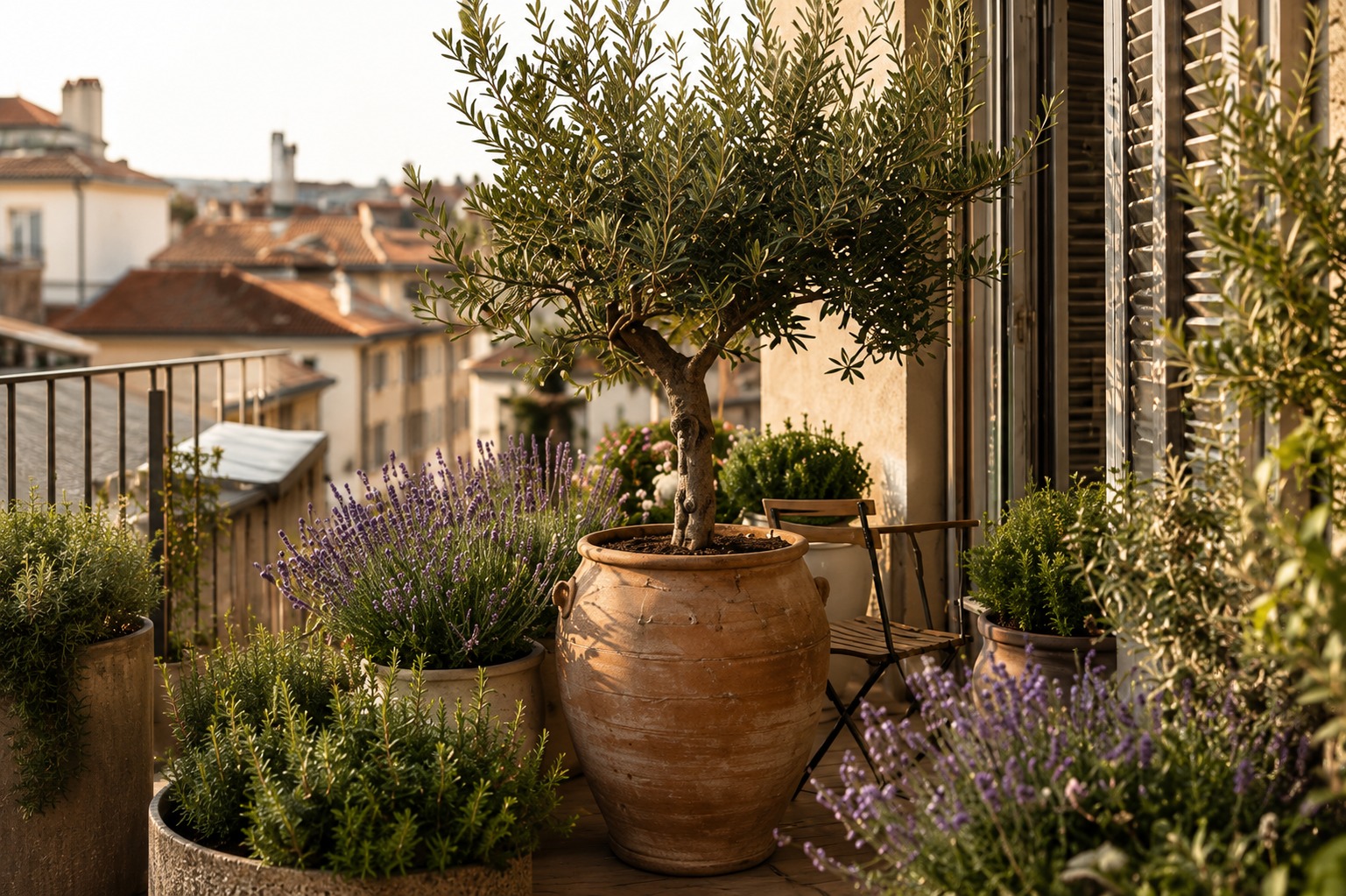 Mediterraner Balkon mit Olivenbaum, Lavendel und Terrakotta-Gefäßen