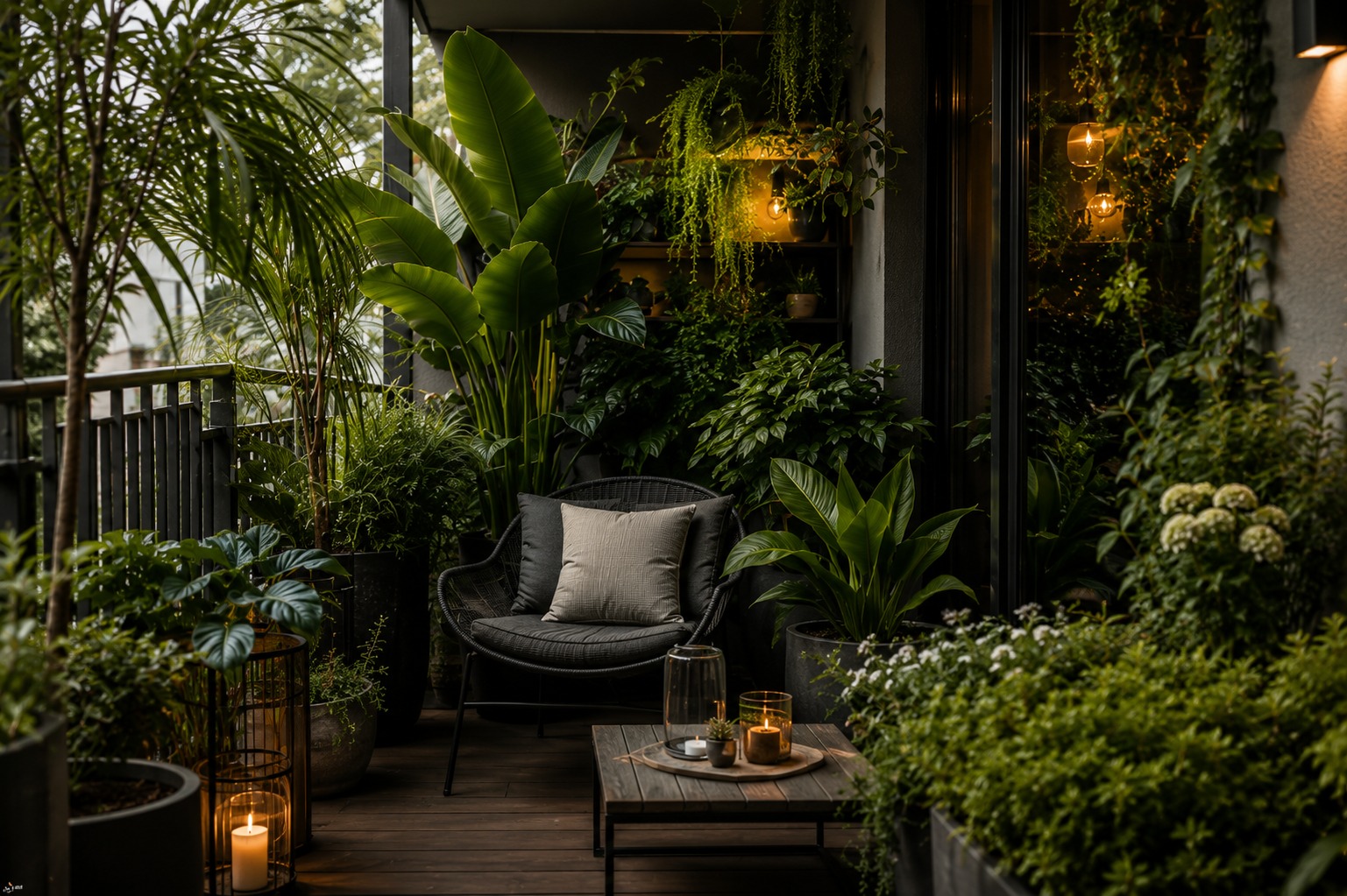 Urban-Jungle-Balkon mit Designmöbeln und dichtem Grün